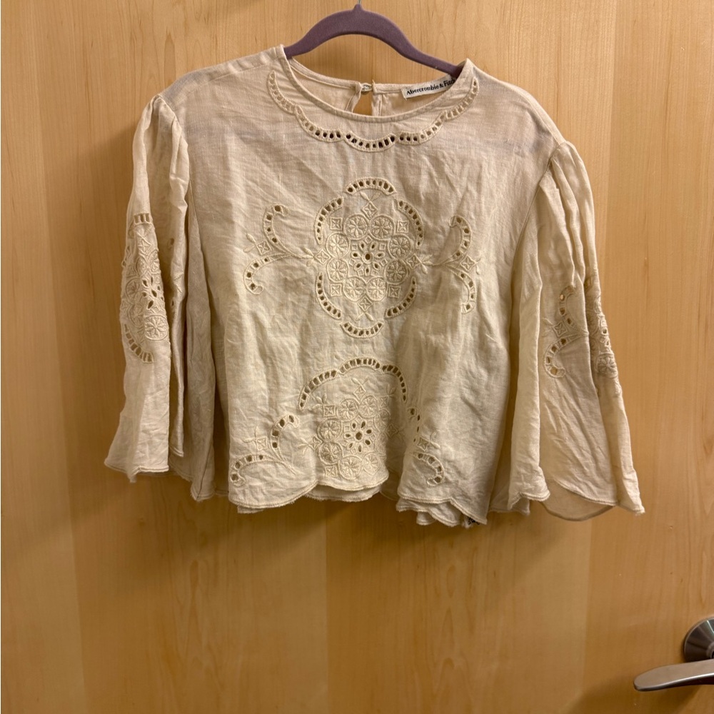 Embroidered Eyelet Bell-Sleeve Cropped Top - Cream